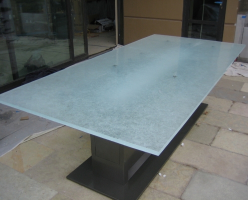 1" thick Arctic Wisp Glass Patio Table - DT-015