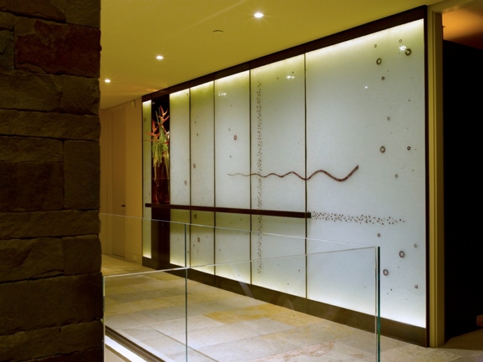 Custom Cast Glass Entry Art Wall with embedded metal - WP-023